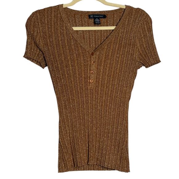 INC International Concepts Y2K Shimmering Bronze Brown Ribbed Henley Tee Size: M - Picture 1 of 5